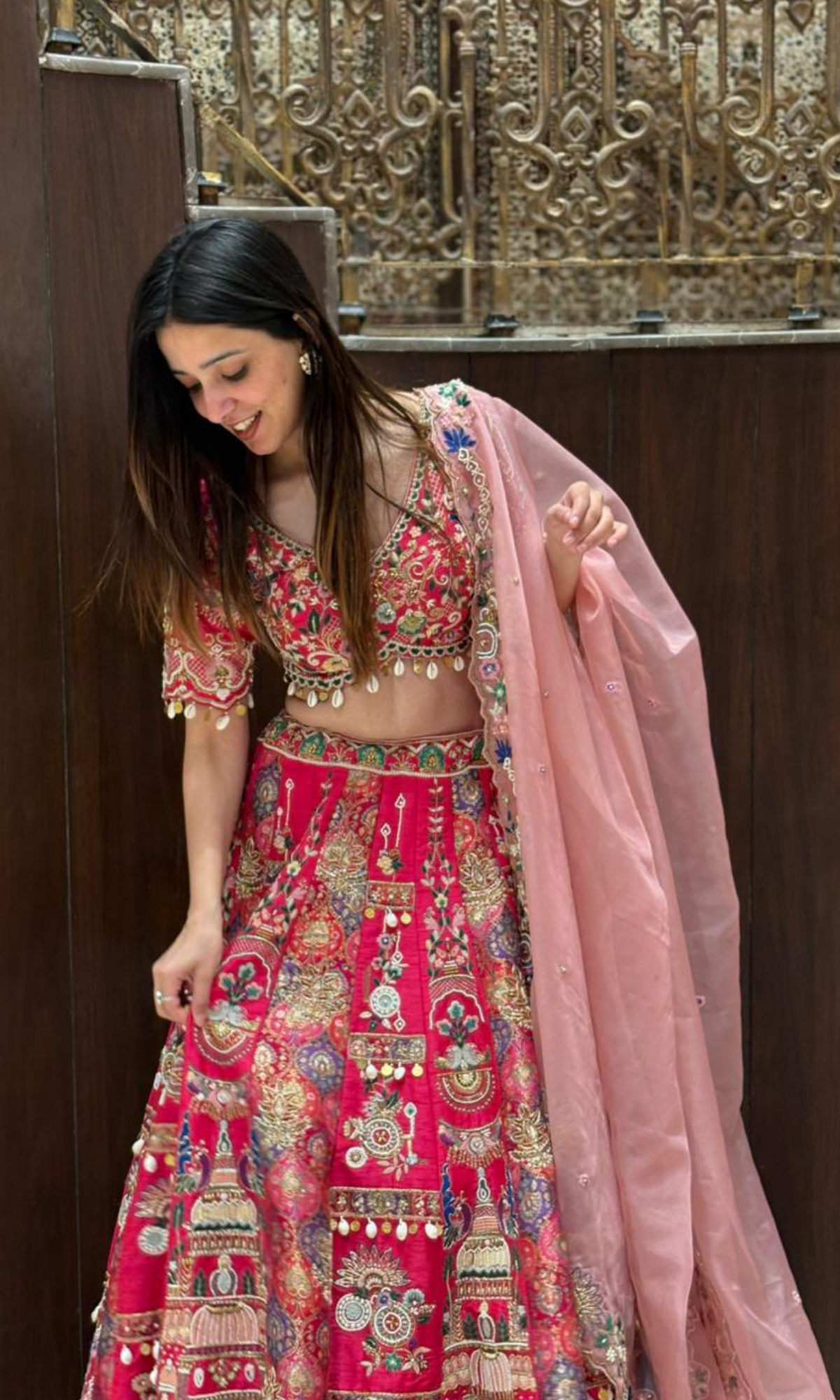 Magenta Pink Embellished lehenga with Stitched blouse