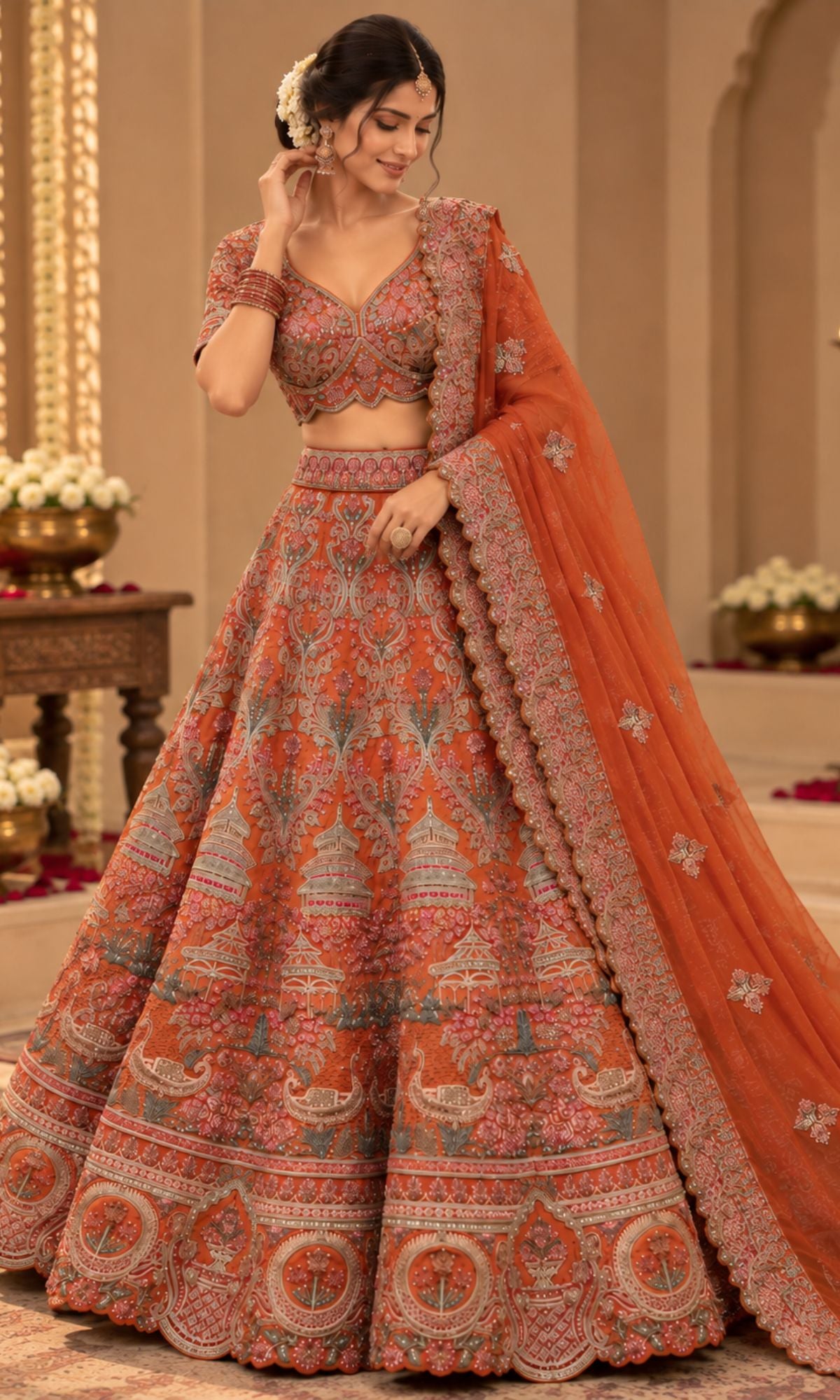 Orange Heavy Embroidered Bridal Lehenga with Blouse & Dupatta