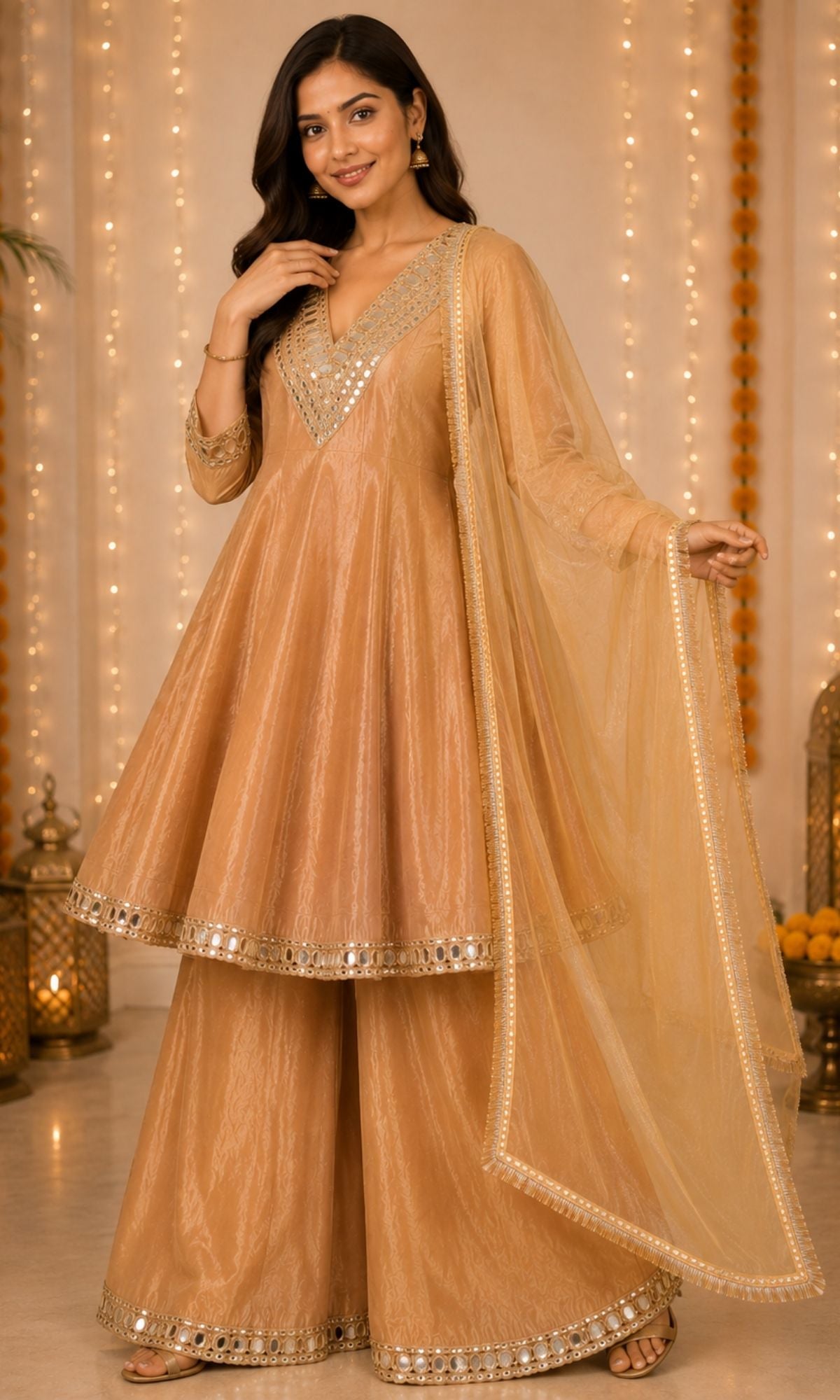 Peach Mirrior work Palazzo Sharara Set