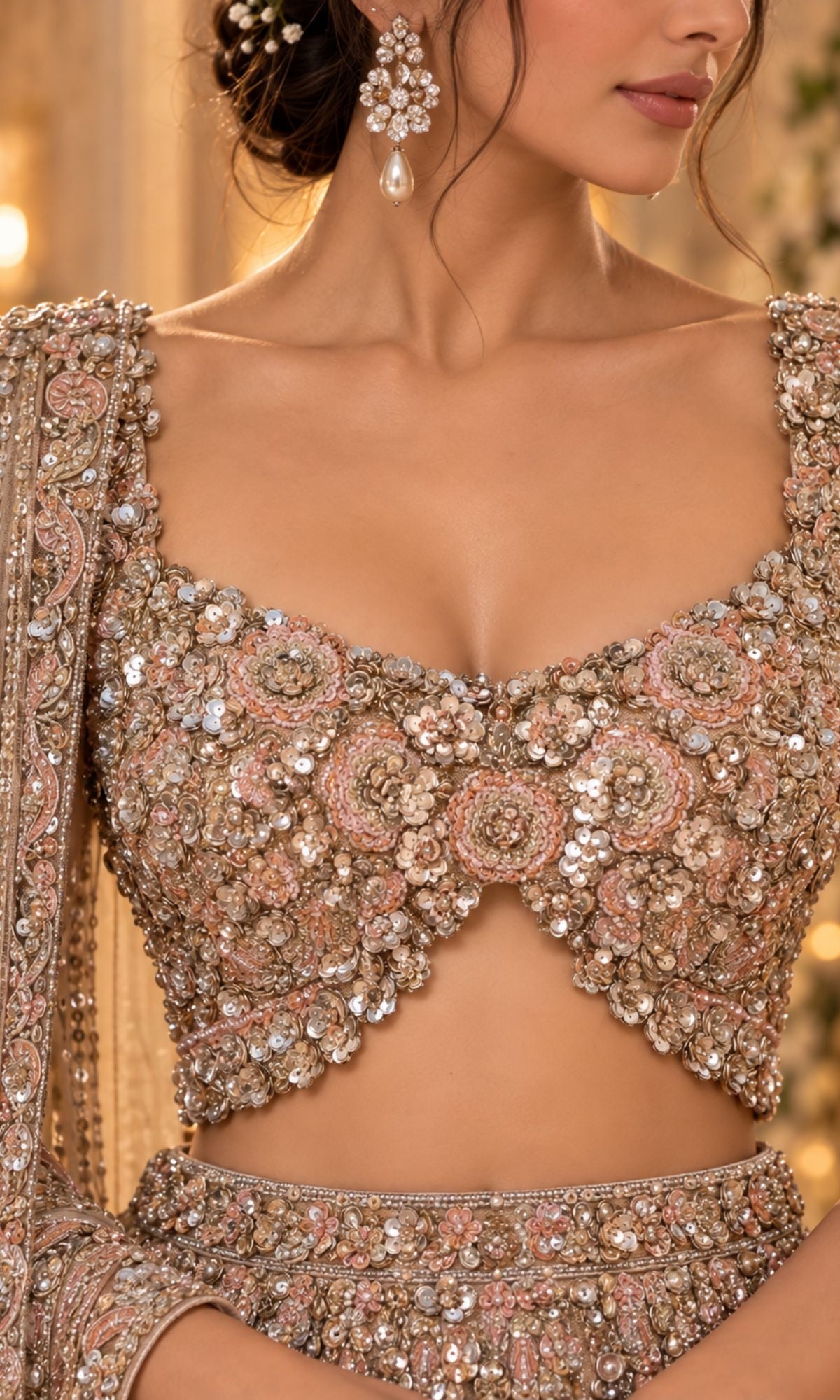 Champagne Rose Gold Bridal Lehenga with Heavy Sequin Embroidery