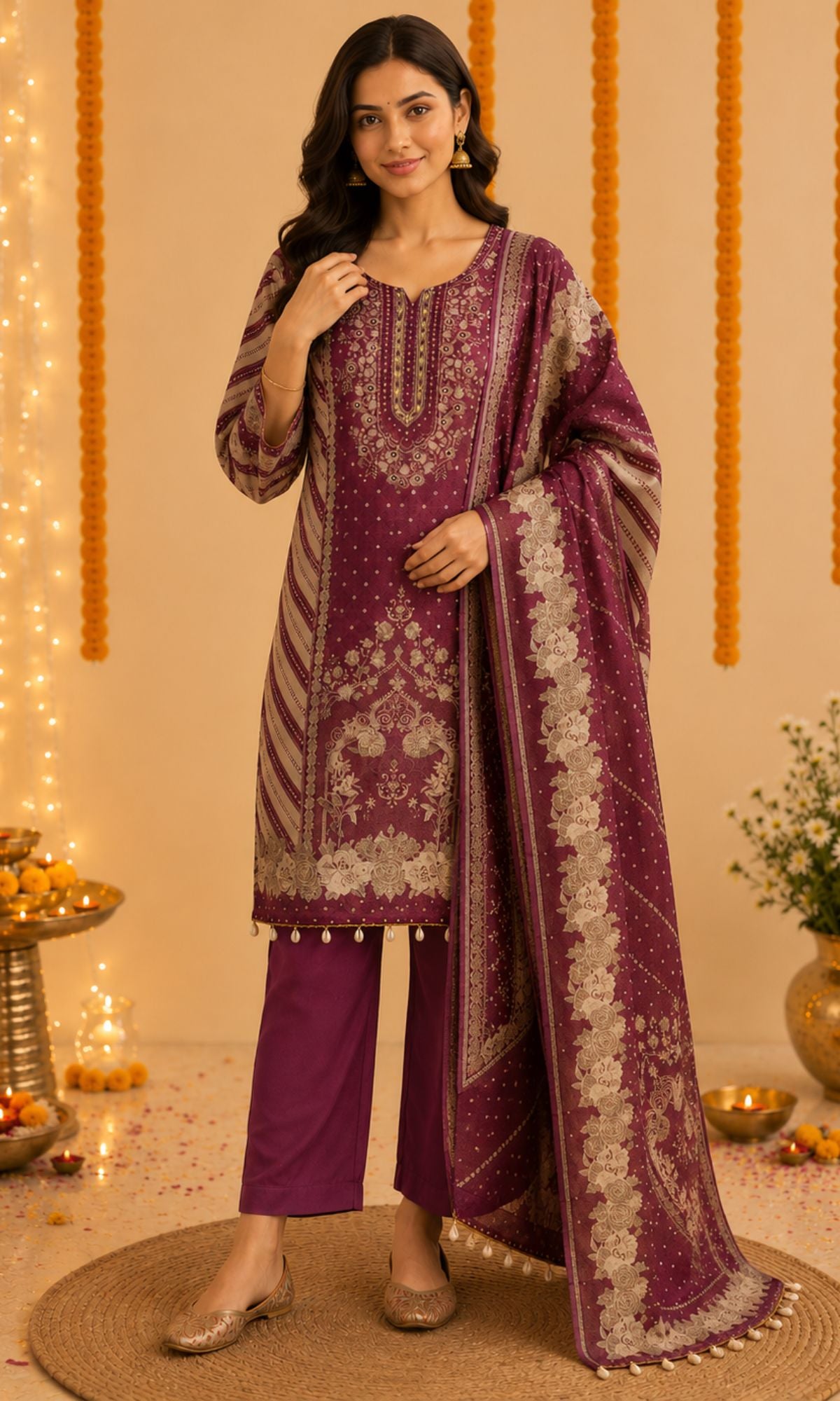 Wine Embellished Kurta Set