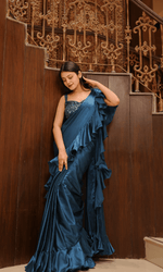 Teal Blue Satin Ruffle Saree with Embroidered Blouse