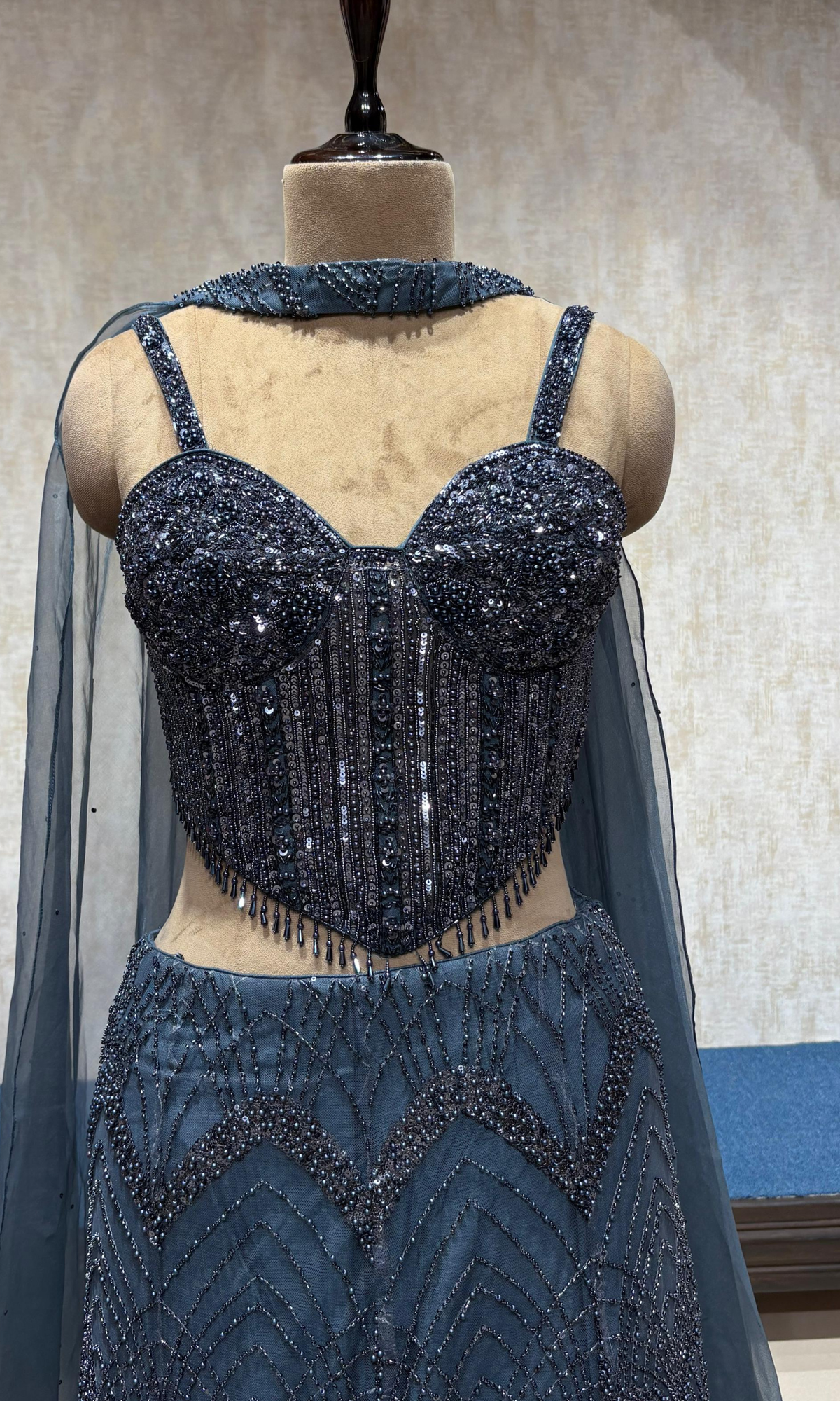 Blue Fish Cut Lehenga with Corset Blouse