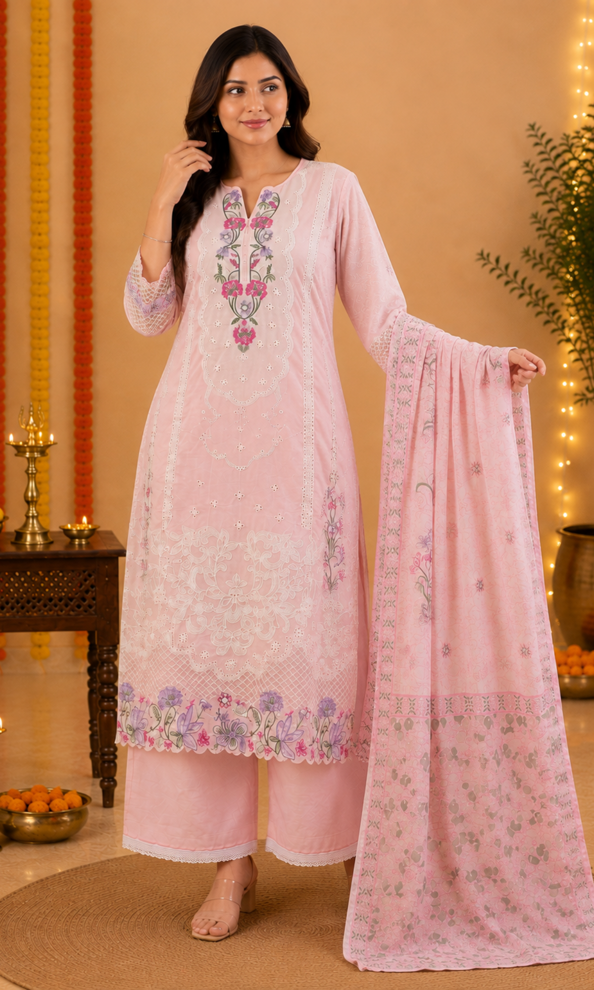 Pink Floral Embroidered Kurta Set