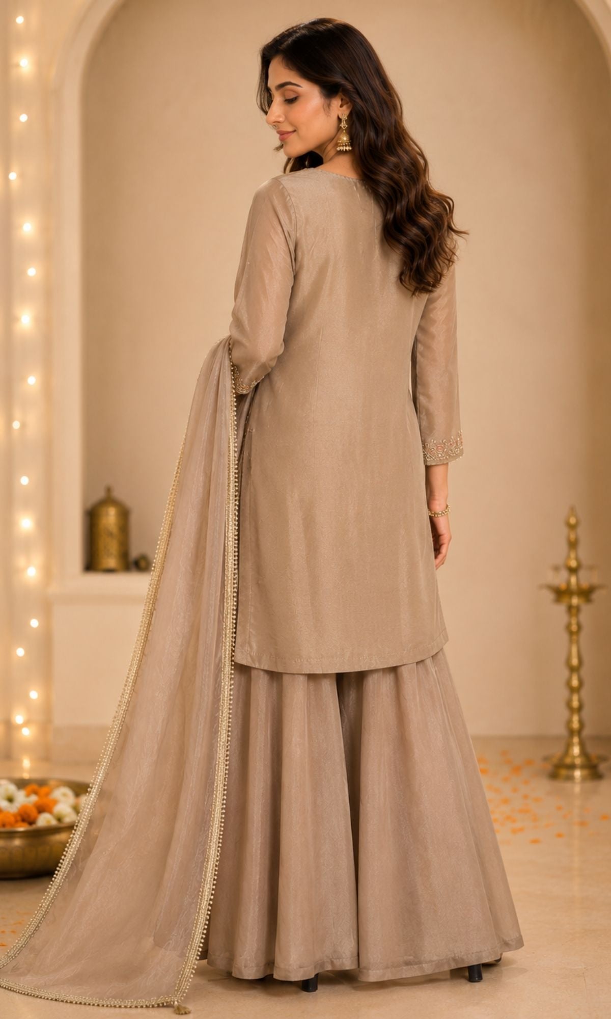 Brown Embroidered Palazzo Sharara Set