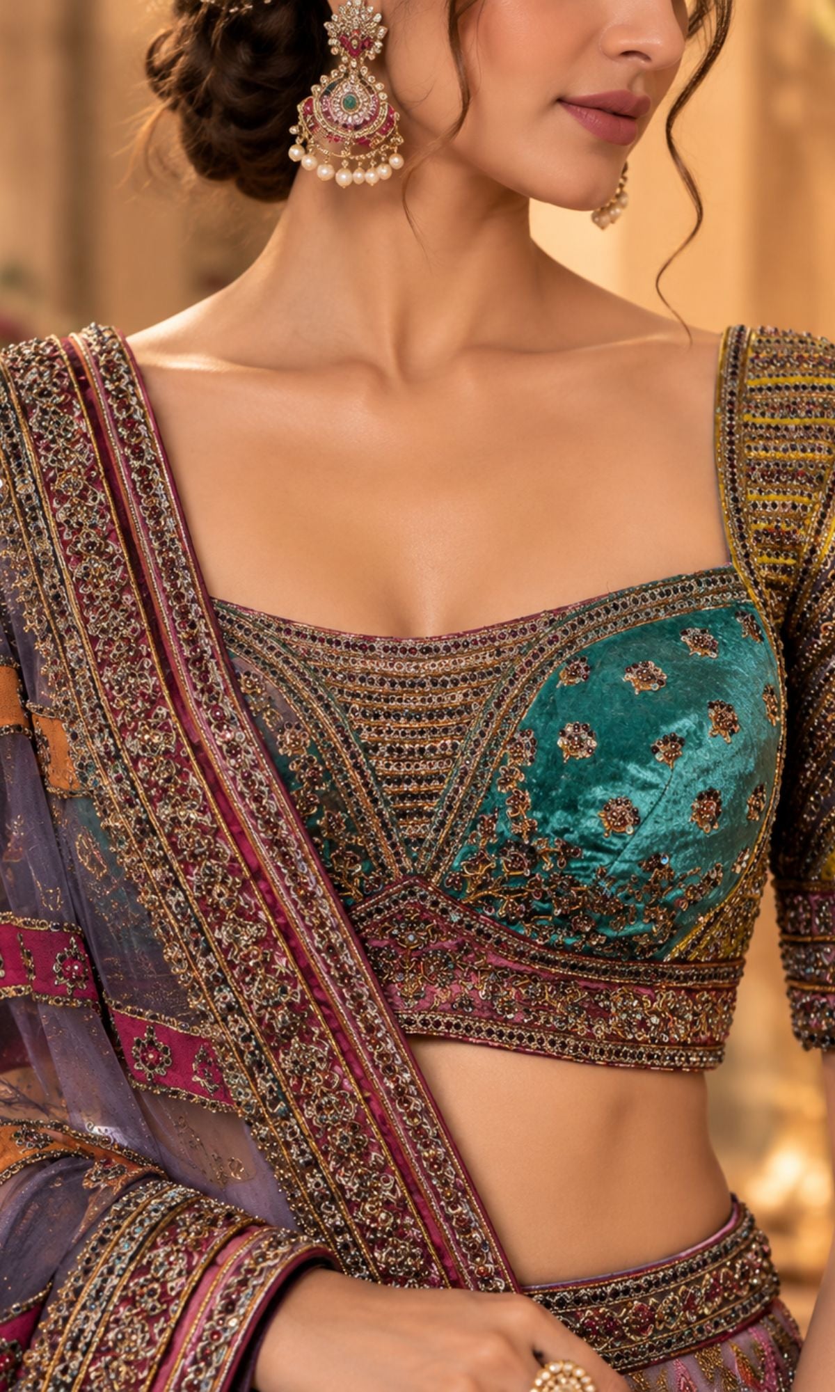 Teal & Mauve Embroidered Designer Lehenga with Geometric Motifs