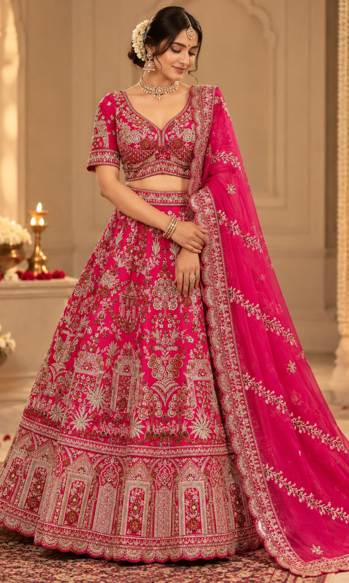 Pink Bridal Lehenga with Heavy Floral & Ornamental Embroidery