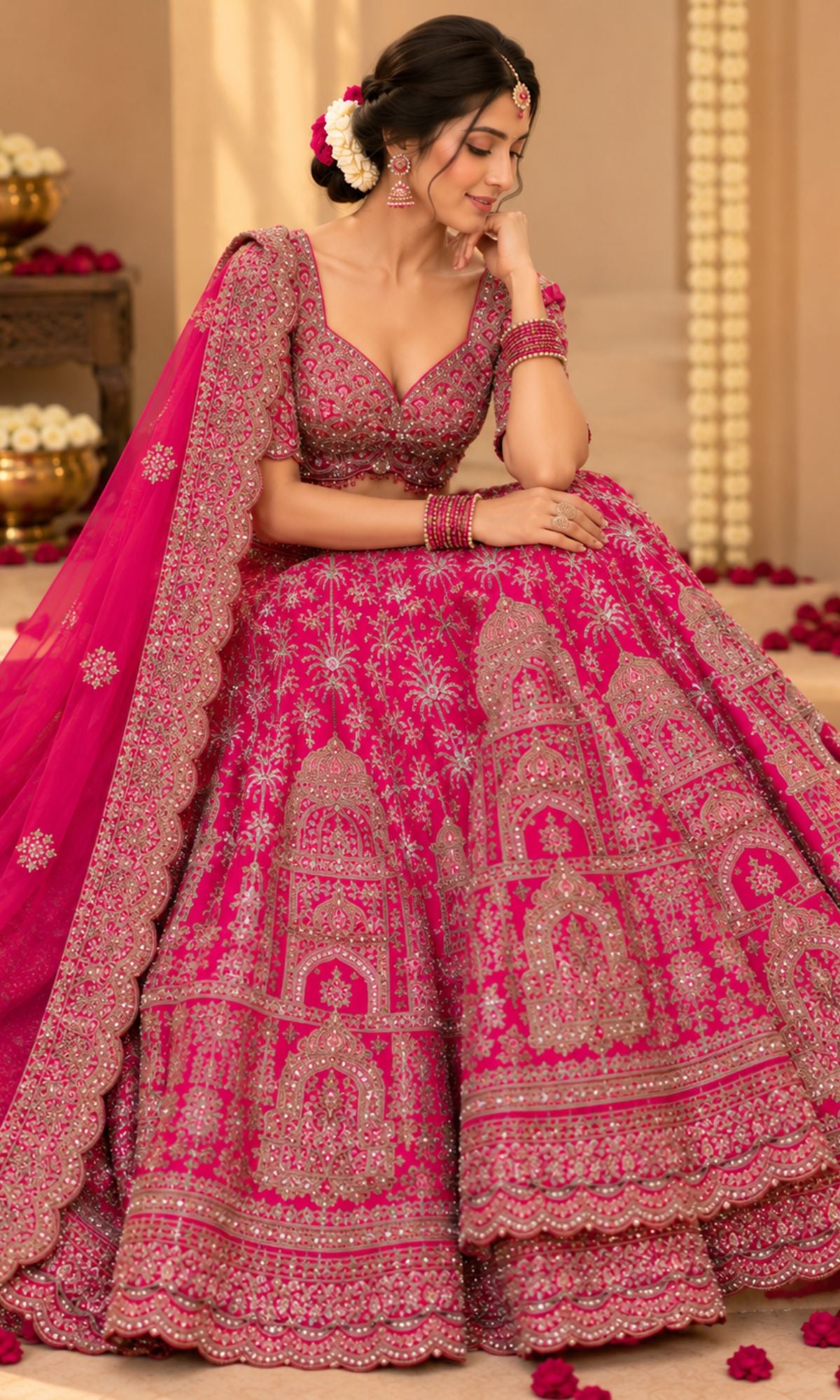 Pink Bridal Embroidered Lehenga with Blouse & Dupatta