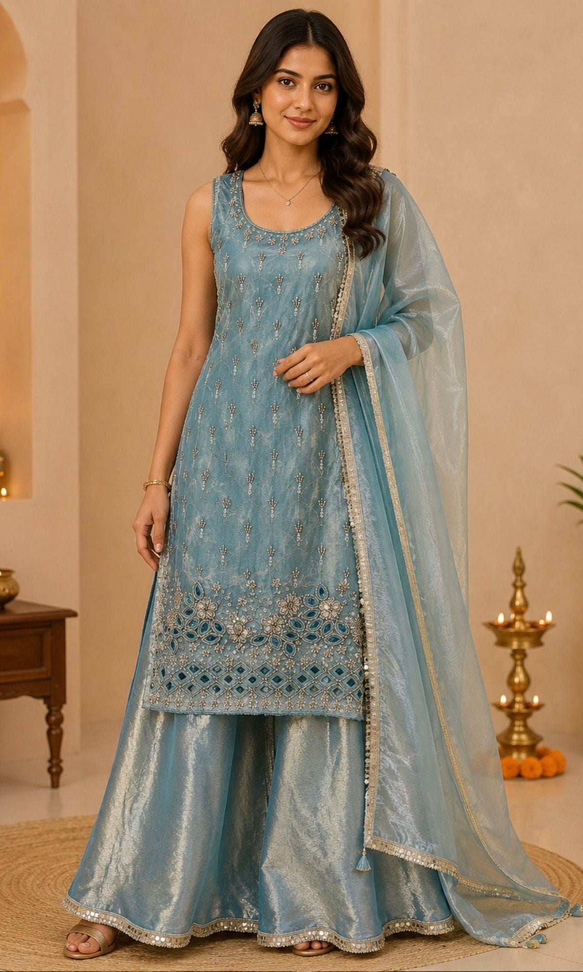 Blue Embroidered Palazzo Sharara Set