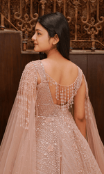 Pink Sequenced Gown With Flarred Sleeves