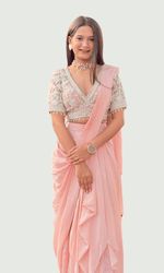 Blush Pink Organza Ruffle Saree with Embroidered Blouse