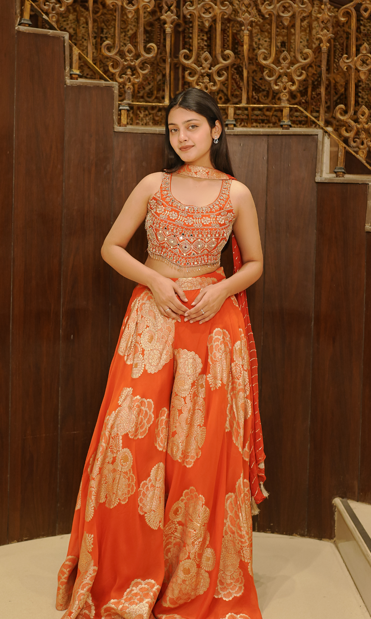 Orange Semi-Georgette Sharara With Embroidered Top And Dupatta