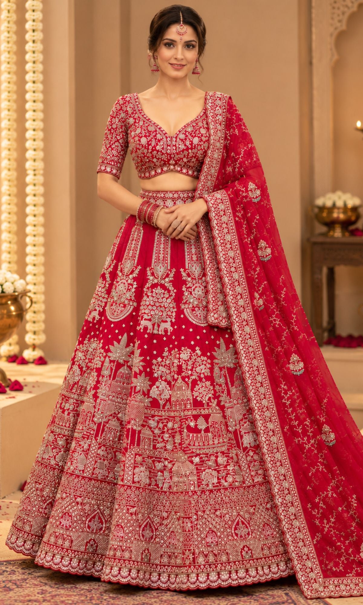 Bridal Red Embroidered Lehenga with Blouse & Dupatta