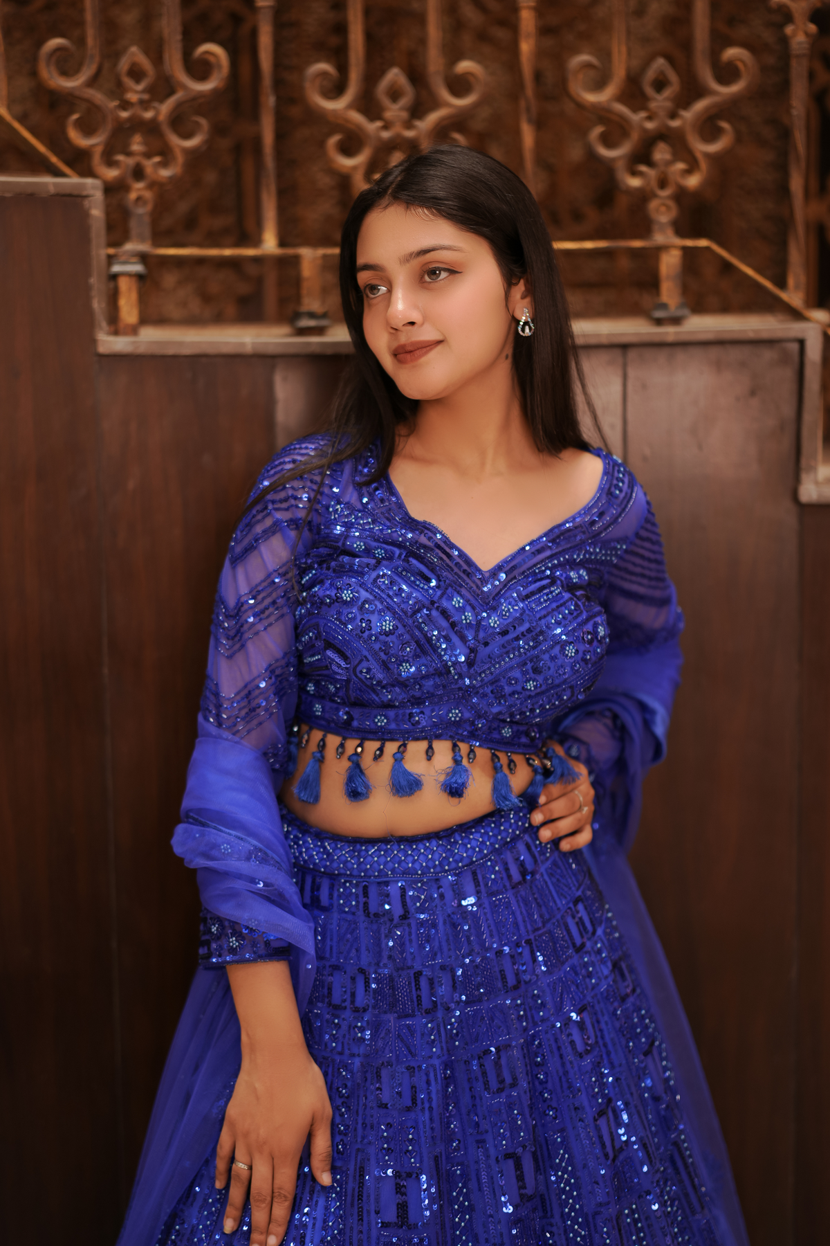 Electric Blue Sequenced Lehenga With Full Sleeves Blouse