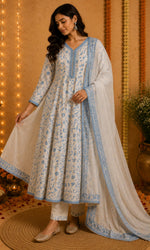 White & Blue Threadwork Anarkali Kurta Set