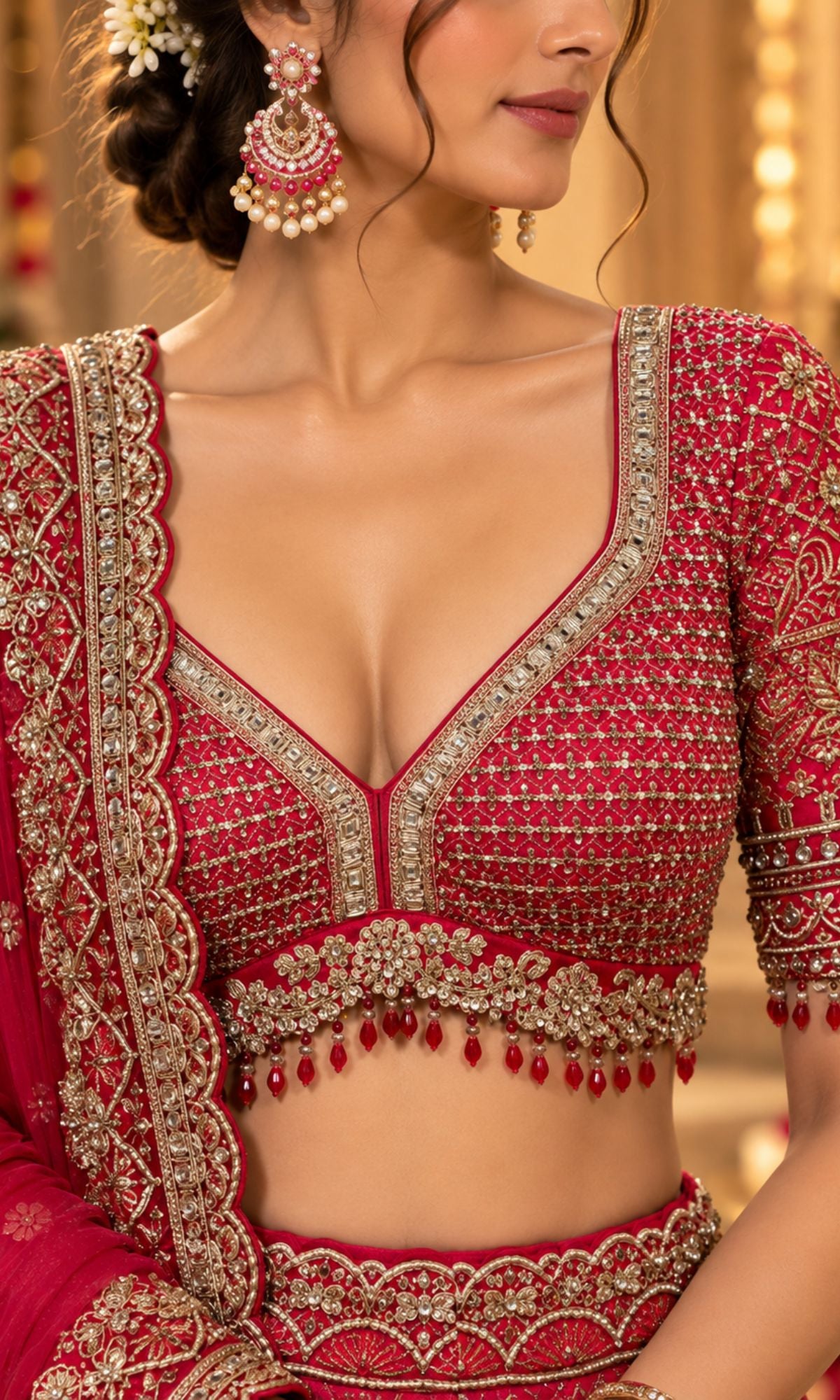 Bridal Red Motif Embroidered Lehenga