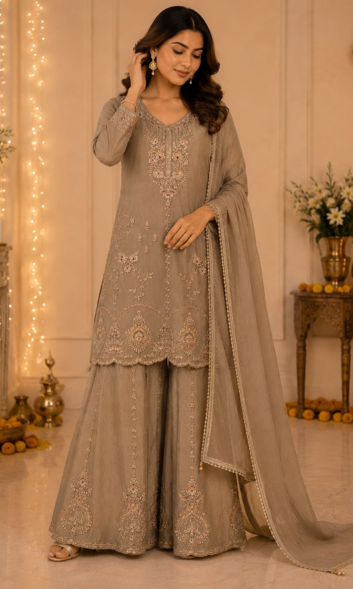Brown Embroidered Palazzo Sharara Set