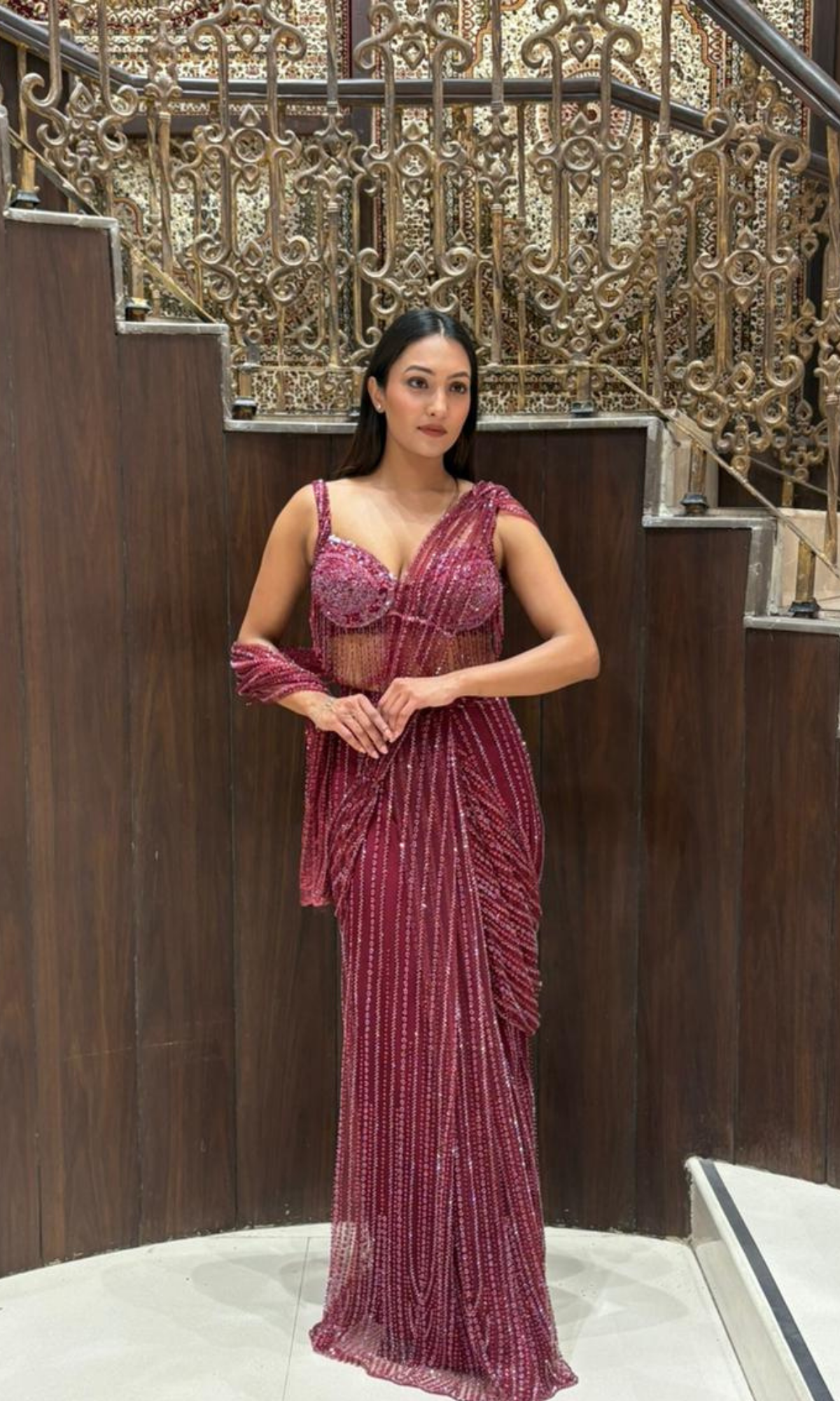 Maroon Embellished Draped Saree with Stitched Blouyse