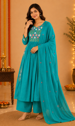 Teal Blue Floral Embroidered Anarkali Kurta Set