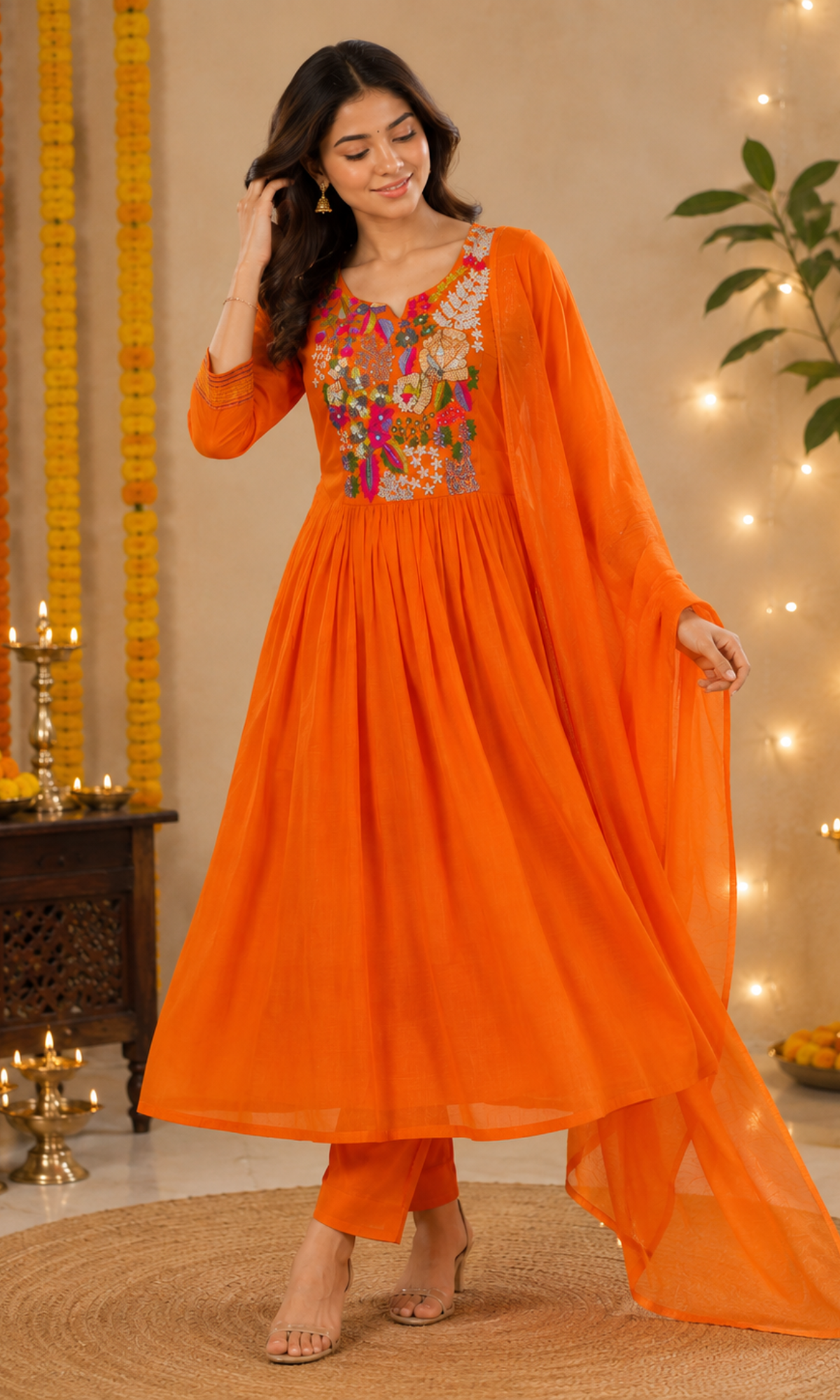 Orange Embroidered Anarkali Kurta Set