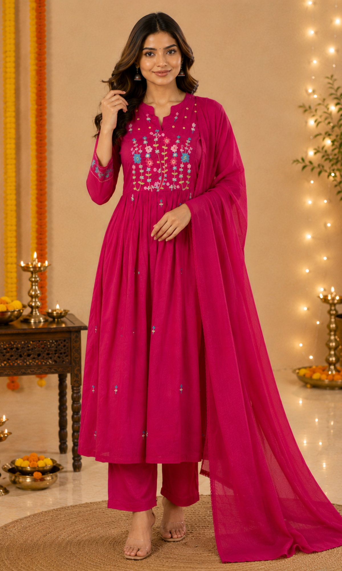 Magenta Pink Floral Embroidered Anarkali Kurta Set