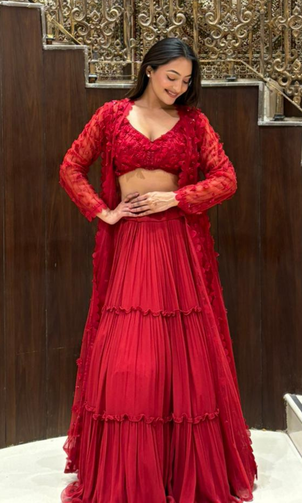 Red layered Skirt Set with Jacket