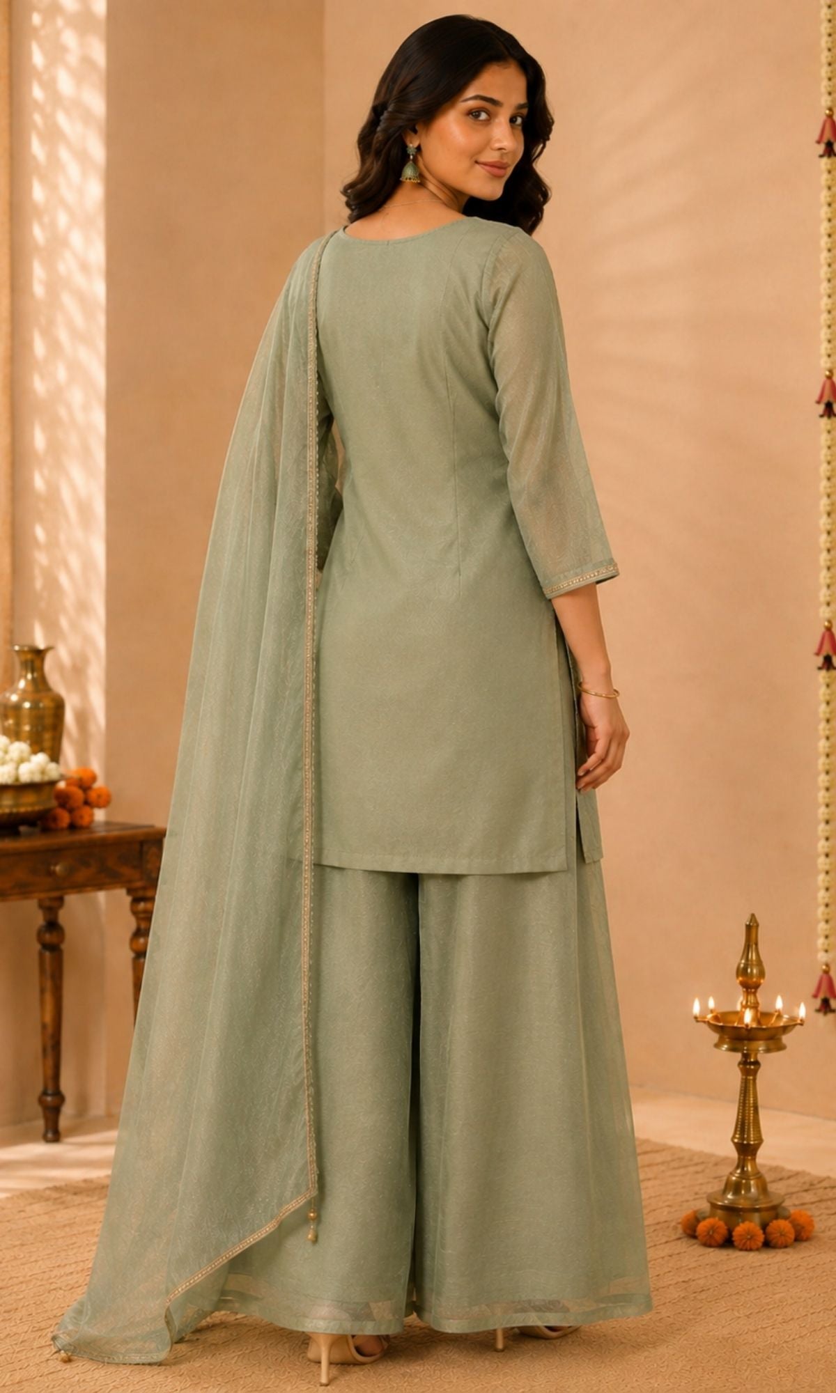 Mint Green Embroidered Palazzo Sharara Set
