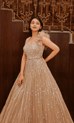 Champagne Sequence Ball Gown With Feather Sleeve
