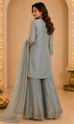 Blue Embroidered Palazzo Sharara Set