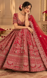 Red Bridal Lehenga with Heavy Floral Embroidery & Scalloped Dupatta