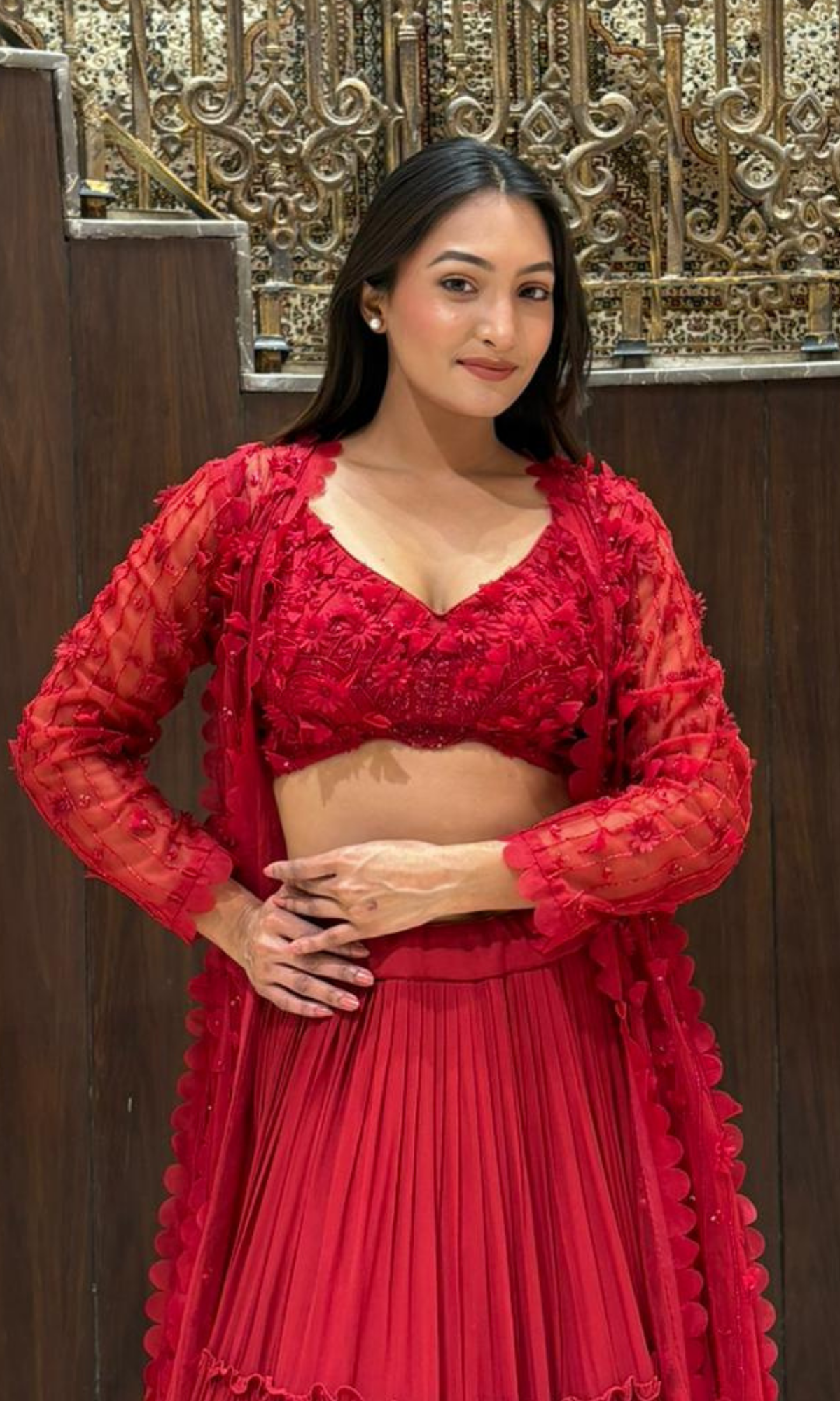 Red layered Skirt Set with Jacket