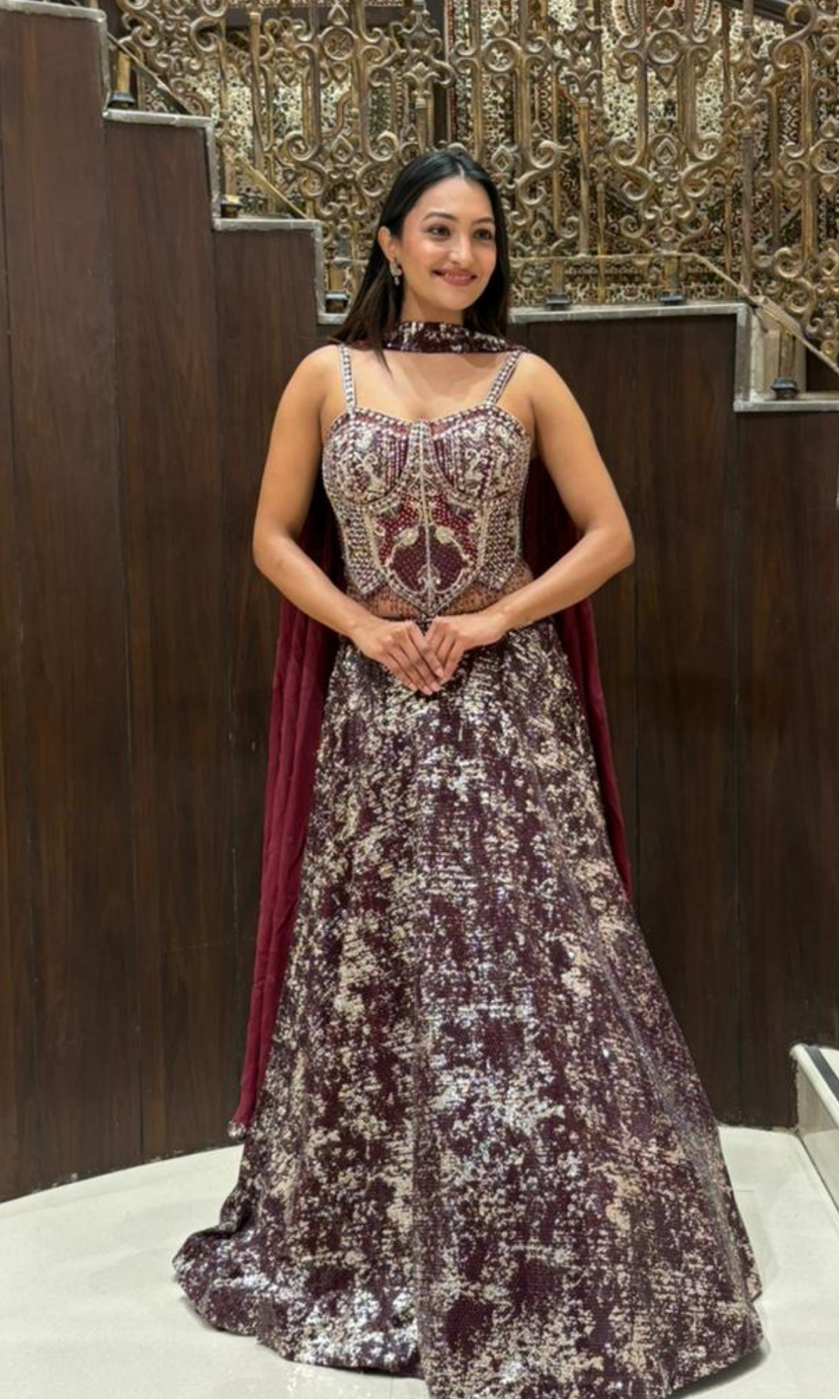 Wine Shimmer Skirt with Corset Blouse Lehenga
