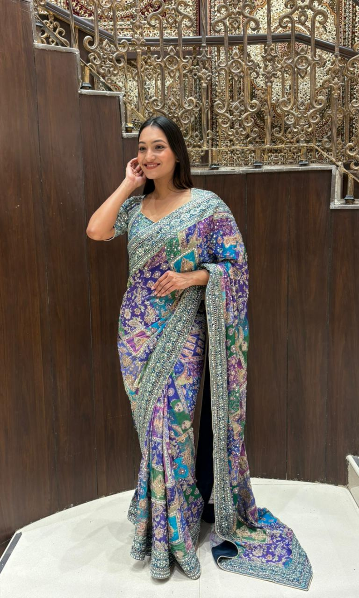 Blue Printed Saree with Stitched Embriodered Blouse