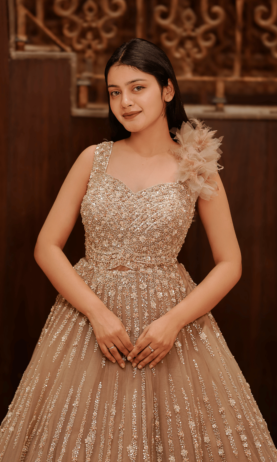 Champagne Sequence Ball Gown With Feather Sleeve