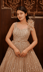 Champagne Sequence Ball Gown With Feather Sleeve