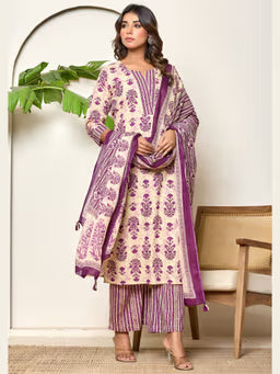 Cream & Purple Floral Printed Kurta Set with Dupatta