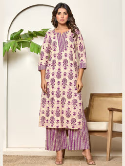 Cream & Purple Floral Printed Kurta Set with Dupatta