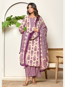 Cream & Purple Floral Printed Kurta Set with Dupatta