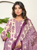 Cream & Purple Floral Printed Kurta Set with Dupatta