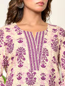 Cream & Purple Floral Printed Kurta Set with Dupatta
