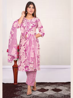 PurpleFloral Printed Kurta with Pant and Dupatta