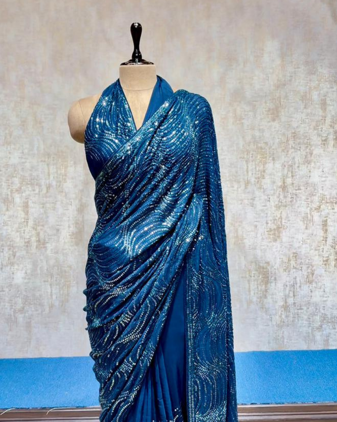 Blue Sequin Saree With Unstitched Blouse
