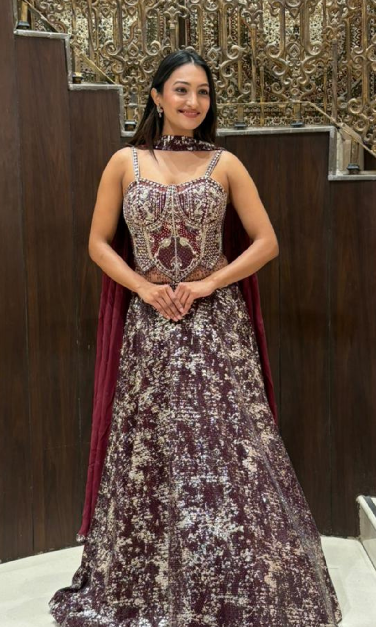 Wine Shimmer Skirt with Corset Blouse Lehenga