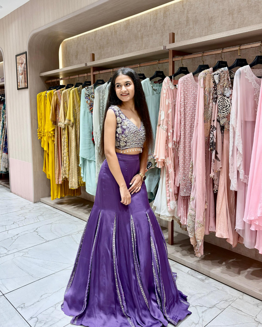 Purple Embroidered Fish-Cut Lehenga