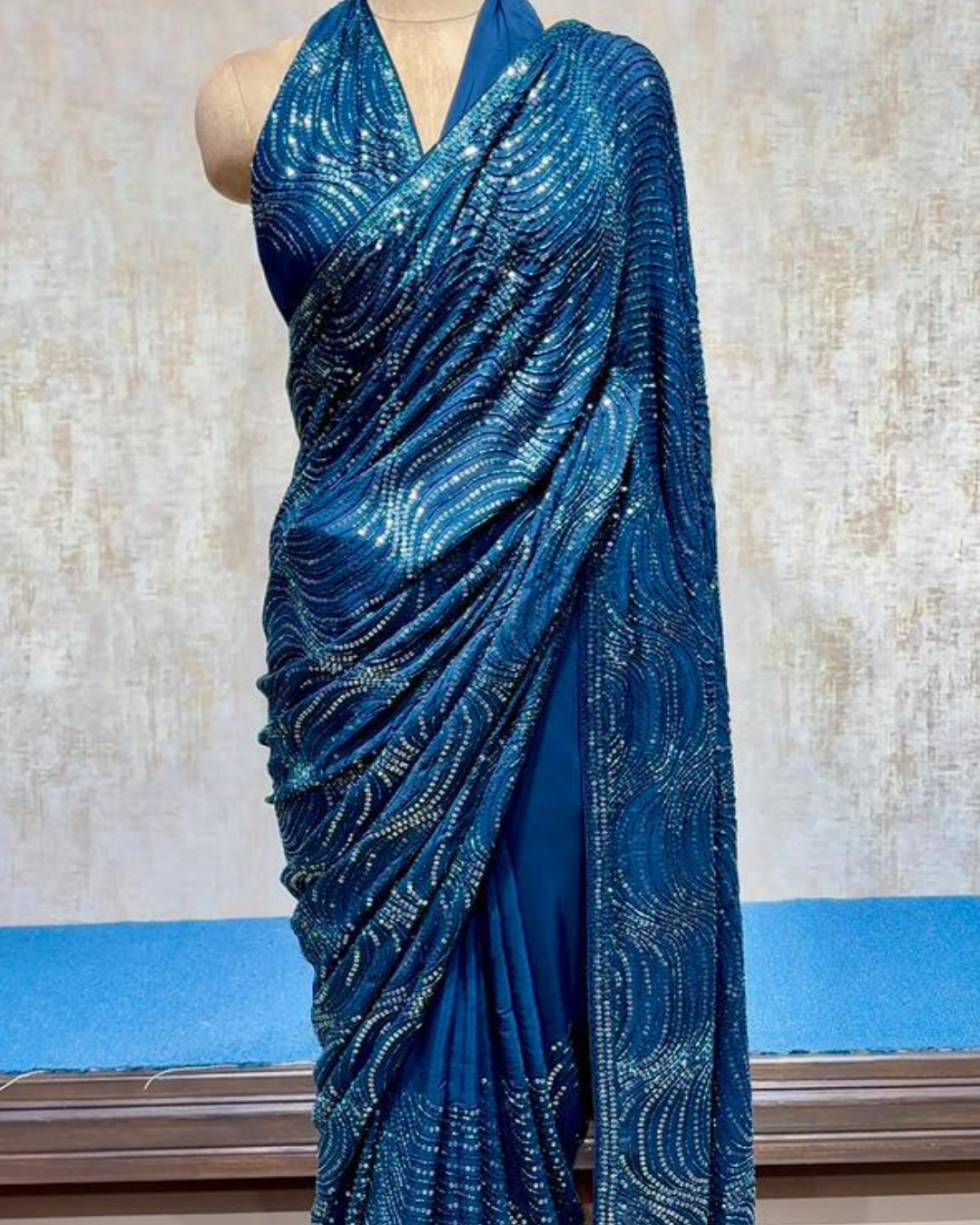 Blue Sequin Saree With Unstitched Blouse