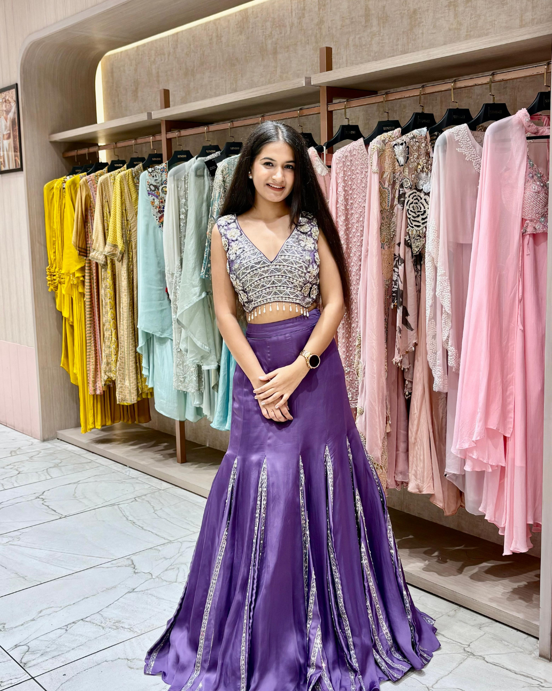 Purple Embroidered Fish-Cut Lehenga