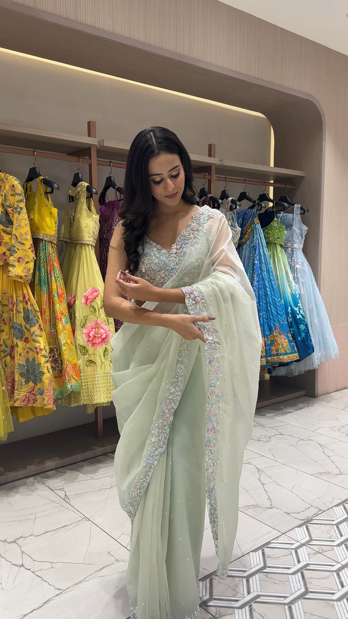 Pista Green Net Saree With Stitched Embroidered Blouse