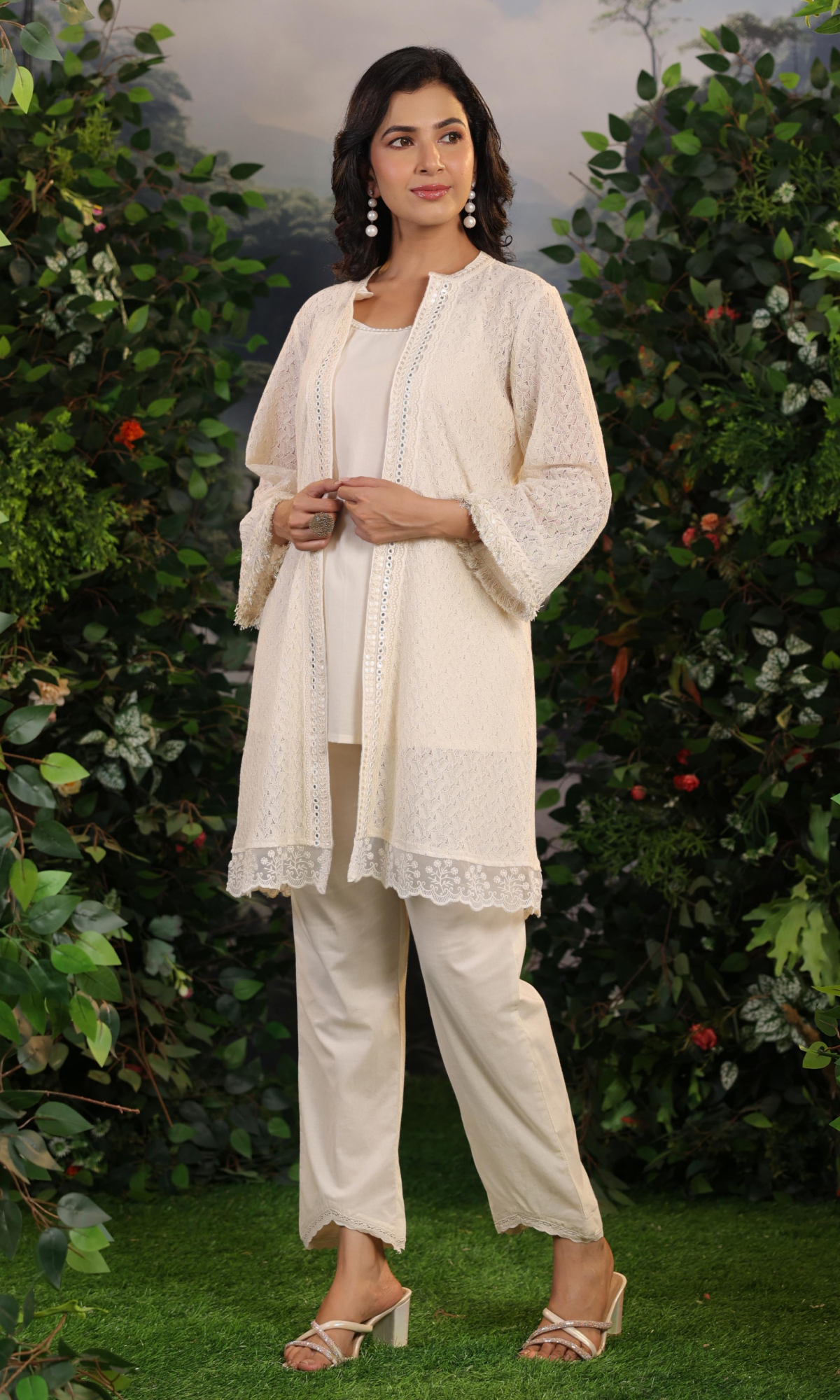 Beige Embroidered Top With Pant And Jacket