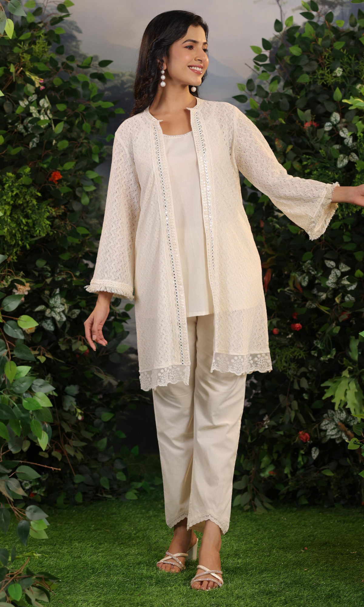 Beige Embroidered Top With Pant And Jacket
