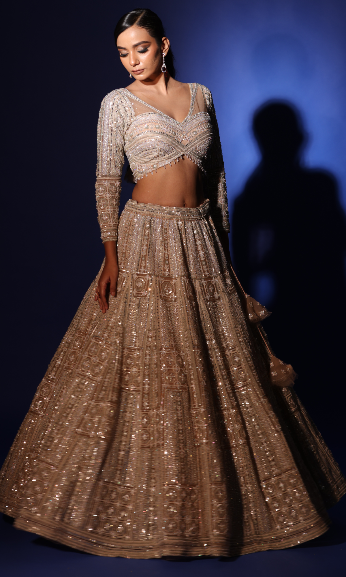 Beige Semi Georgette Handwork Lehenga With Stitched Blouse And Dupatta